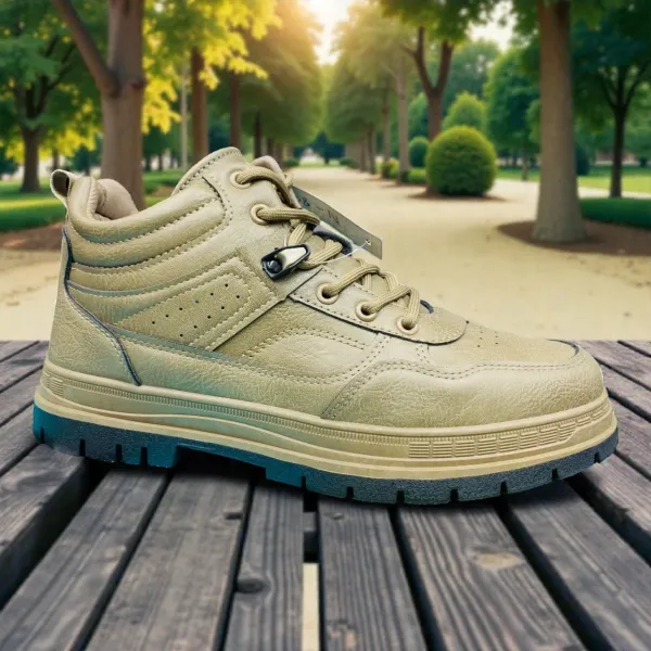 Beige Outdoor Sneakers Textured Leather & Deep-Tread Sole 